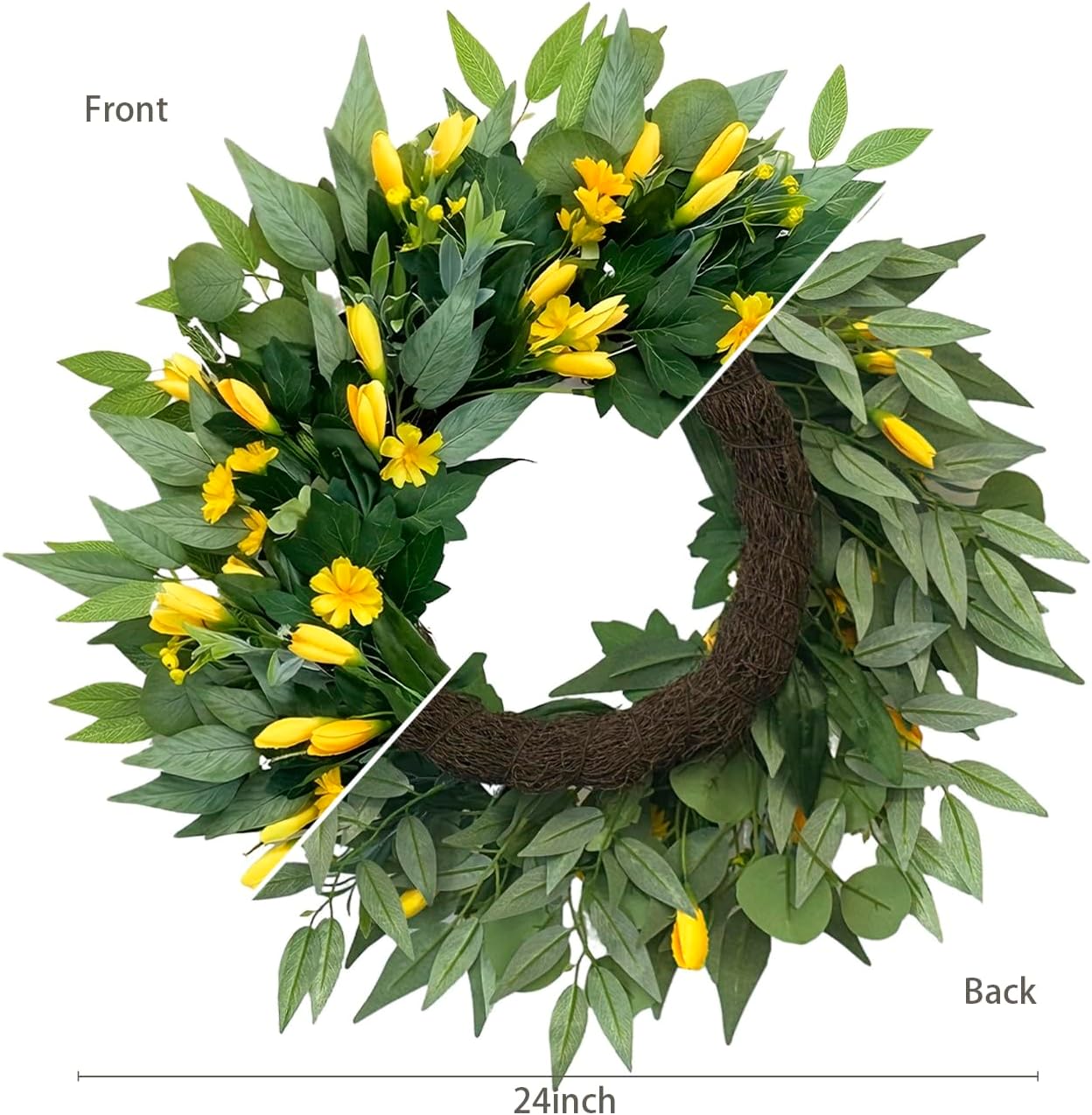 24" Large Yellow Tulip Spring Wreath – Artificial Silk Flower Door Wreath with Mixed Greenery for Front Door, Porch, Farmhouse & Outdoor Home Decor