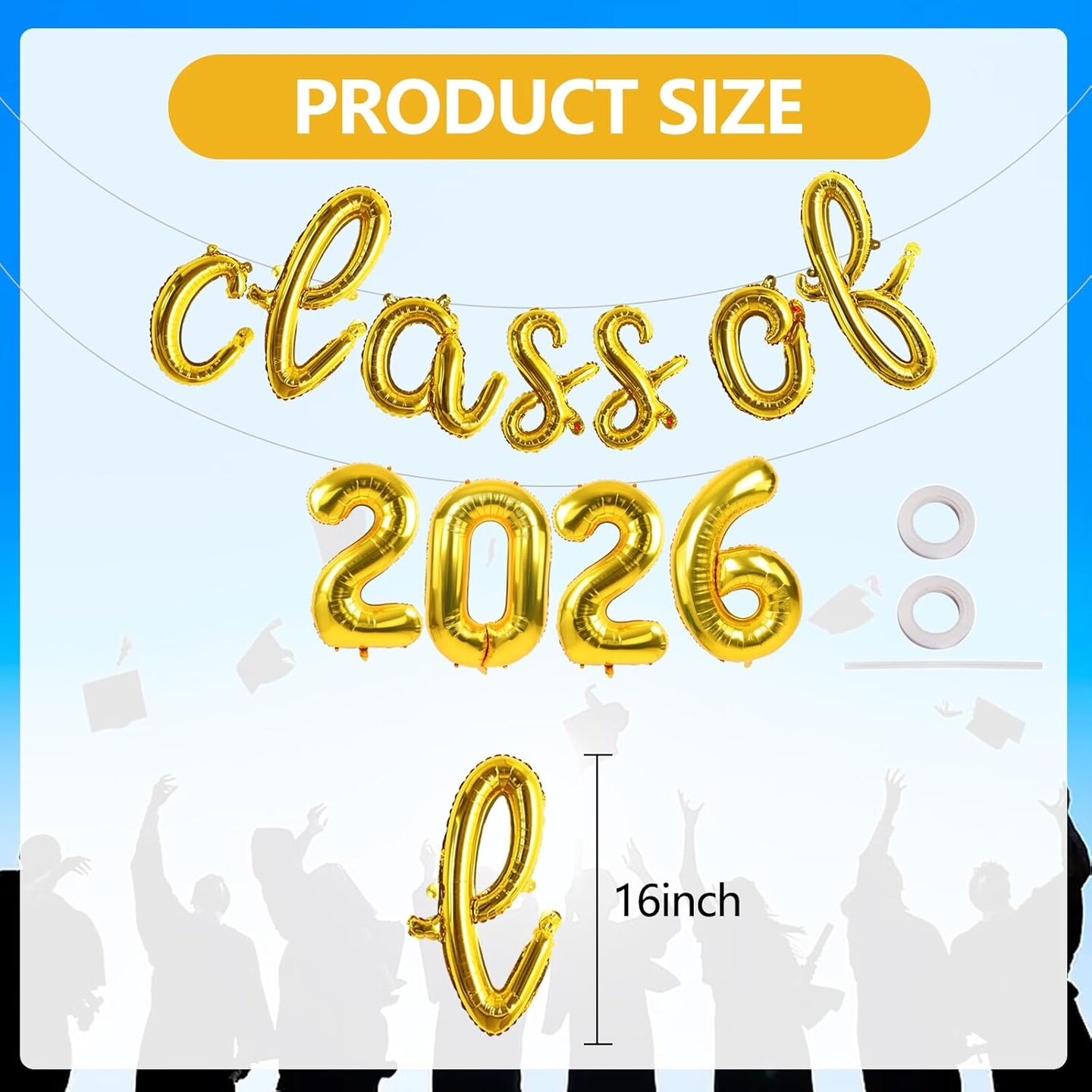 Graduation Party Balloons 2026 – Gold Cursive “Class of 2026” Foil Balloon Banner for Commencement Decorations