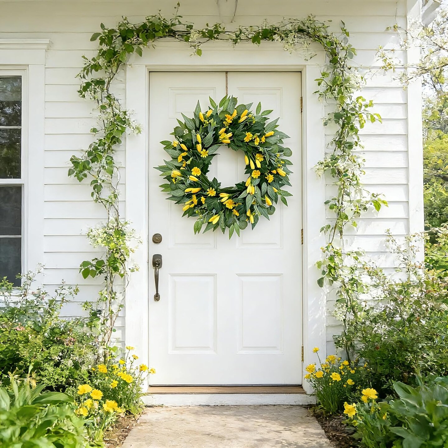 24" Large Yellow Tulip Spring Wreath – Artificial Silk Flower Door Wreath with Mixed Greenery for Front Door, Porch, Farmhouse & Outdoor Home Decor
