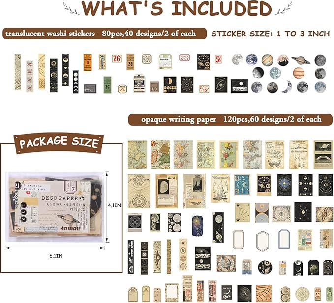 200pc Celestial Scrapbook & Junk Journal Supplies Kit - Vintage Washi Stickers & Matte Decoupage Paper Pack - Astrological, Moon & Galaxy Ephemera for Art Journaling, Bullet Planners & DIY Collage