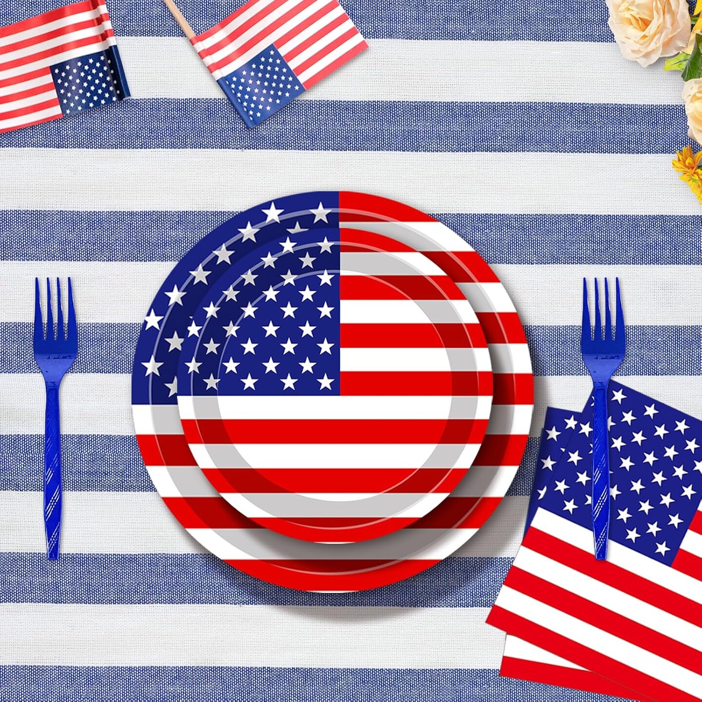 100PCS USA Flag Patriotic Party Supplies Set for 25 Guests – Red, White & Blue Disposable Tableware with Plates, Napkins & Forks (4th of July & Independence Day Decorations)