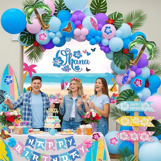 Blue pink purple Balloon Hawaii Garland Kit with Ohana theme backdrop and birthday banner plam tree mylar balloons for Summer aloha cartoon birthday party gender reveal Baby shower decorations