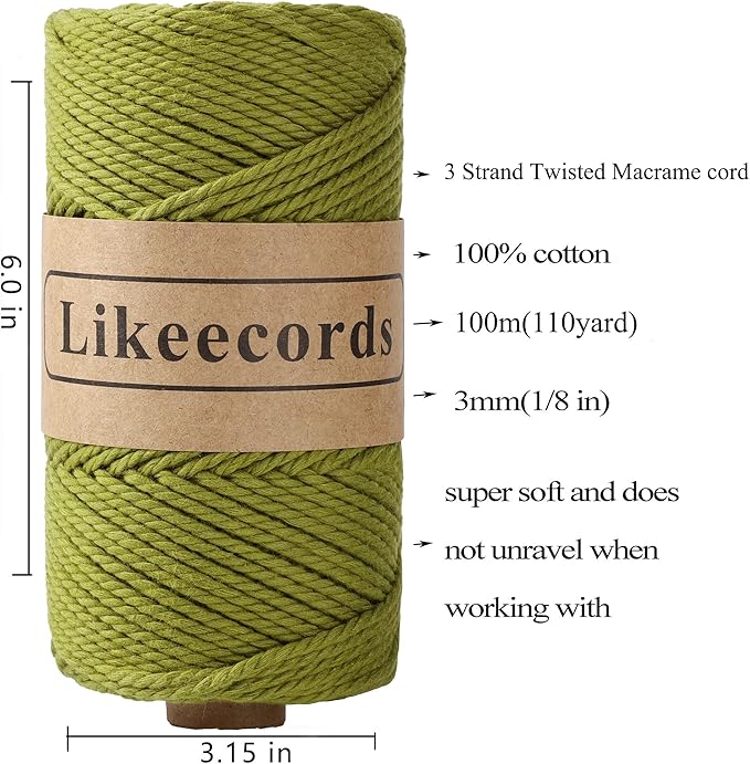 Likeecords Army Green Macrame Cord - 3mm x 100m (328ft) - 3-Strand Twisted 100% Recycled Cotton Rope - Soft Craft String for Plant Hangers, Wall Hangings, and DIY Decor