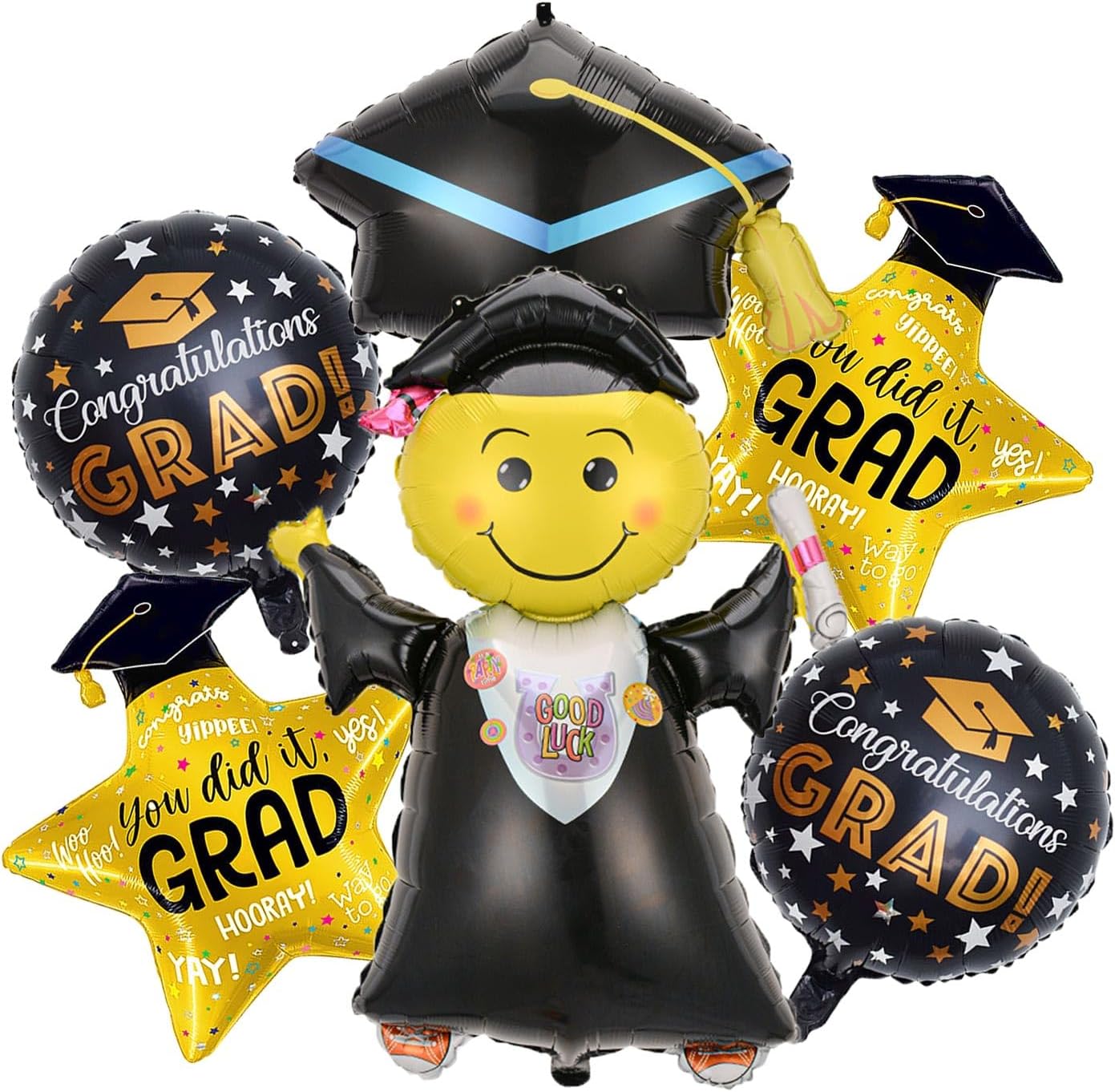 Graduation Party Balloons – 6-Piece Class of 2026 Congrats Grad Foil Mylar Balloon Set, Graduation Cap & Star “You Did It” Balloons for High School, College & Kindergarten Celebrations