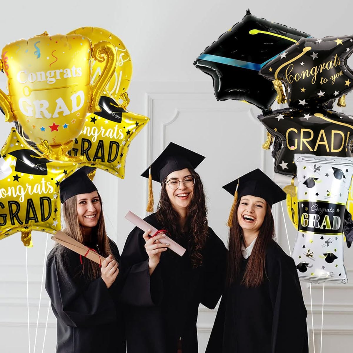 Graduation Party Balloons 2026 – Black & Gold Congrats Grad Mylar Balloon Set (6PCS) for Class of 2026 Decorations