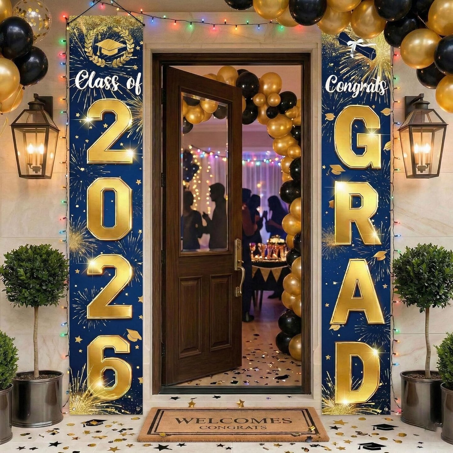 Graduation Party Decoration – Blue Class of 2026 Congrats Grad Door Porch Banner Set, Waterproof Outdoor Graduation Decor for Wall, Porch & Yard Display