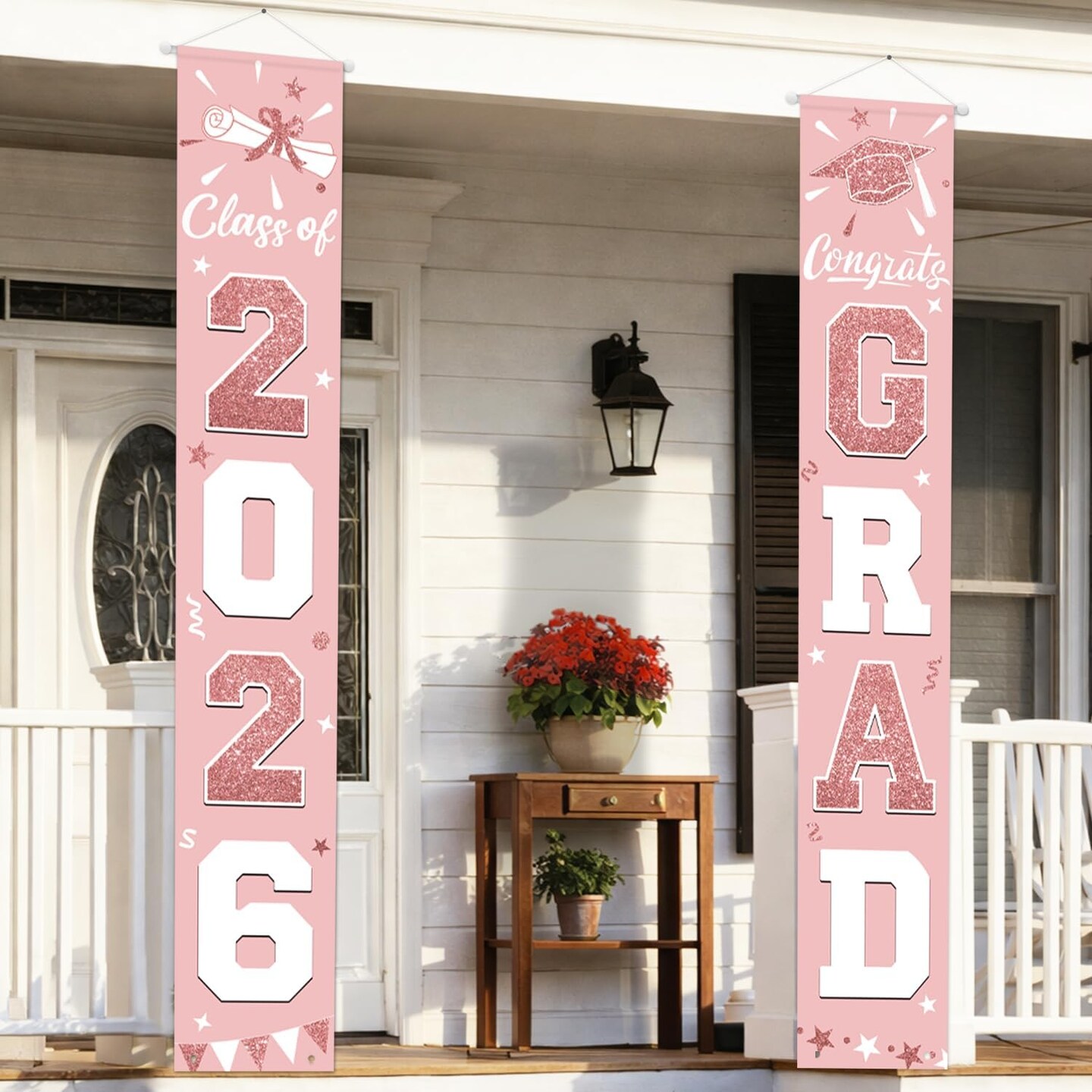 Graduation Party Decoration – Pink Rose Gold Class of 2026 Porch Banner Set, Congrats Grad Door Signs for Elegant Graduation Party Decor Supplies