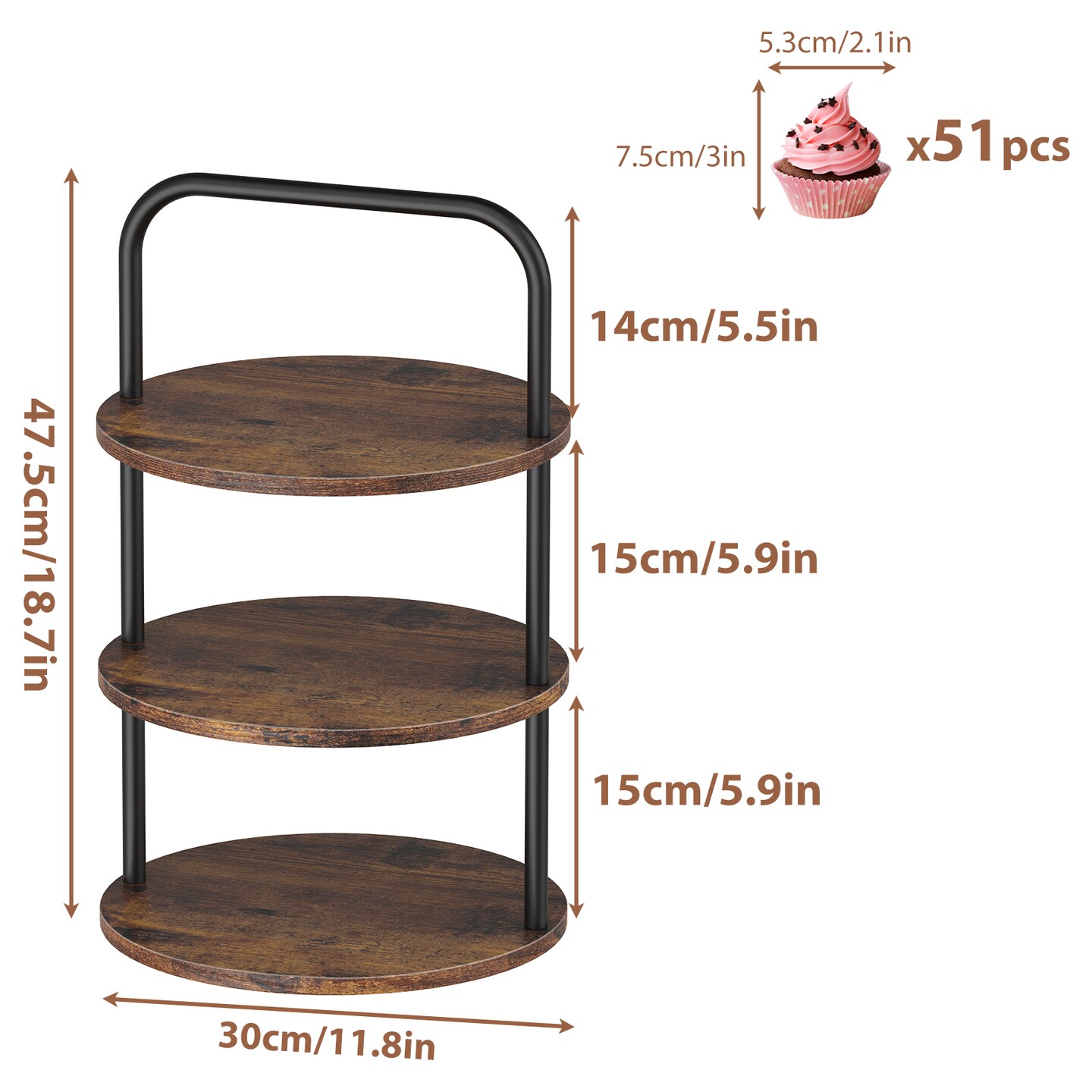 3-Tier Round Cupcake Stand with Handle, Rustic Wood and Metal Tiered Dessert Display for Parties & Events