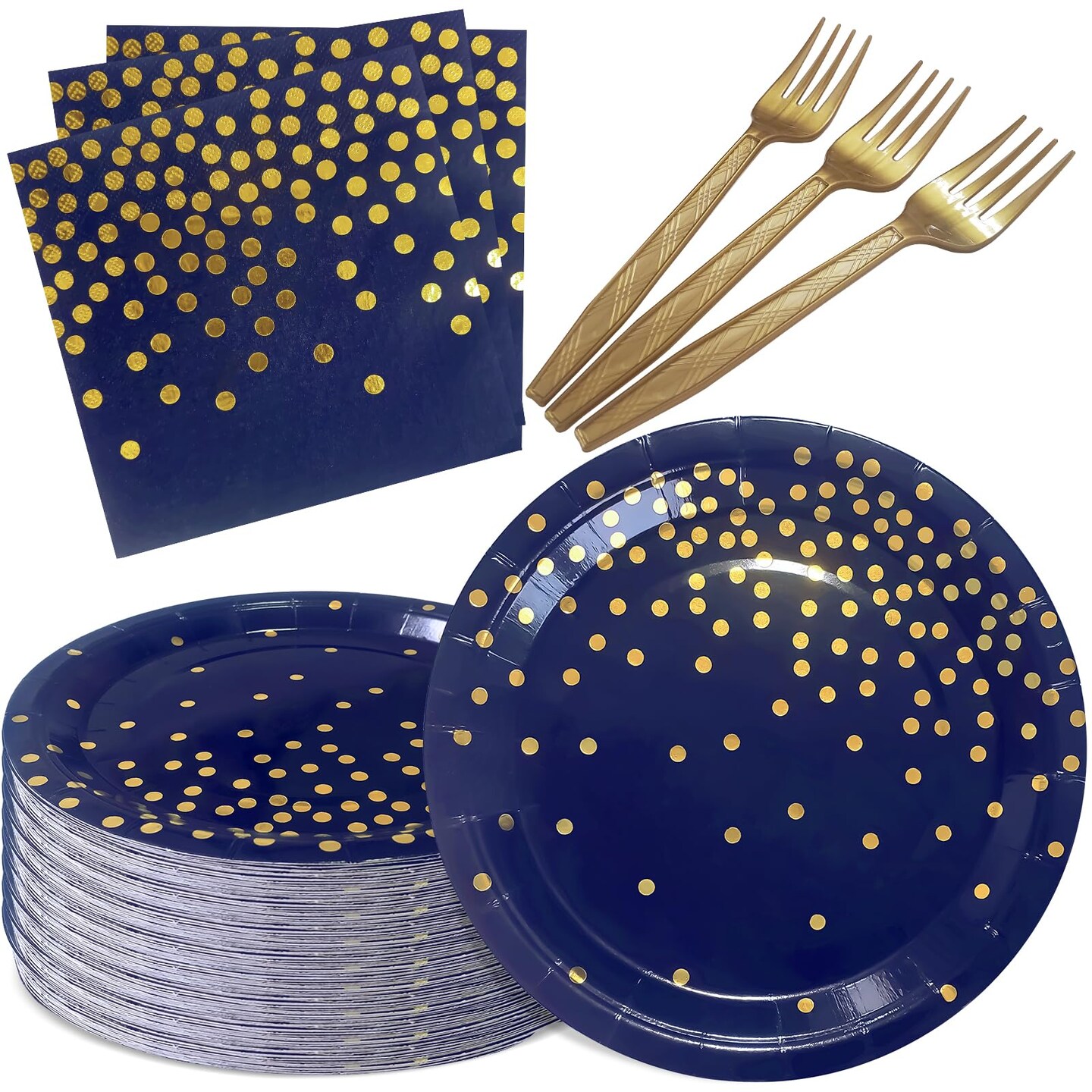 Serve 35 Guests Navy Blue and Gold Party Supplies,7 Inch Blue and Gold Paper Plates and Napkins for Birthday Wedding Retirements Graduation Party