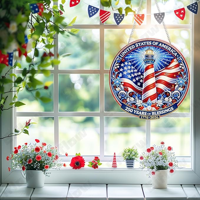 250th Anniversary Acrylic Diamond Art Hanging Kit for Adults, DIY Diamonds Painting Door Hanger Board Kit, Special Crystal Diamond Art Painting Pendant Ornament (4th of July Lighthouse)