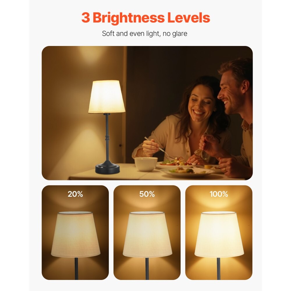 Cordless Table Lamp Rechargeable 5200mAh Desk Lamp 3-Level Brightness Fabric Shade