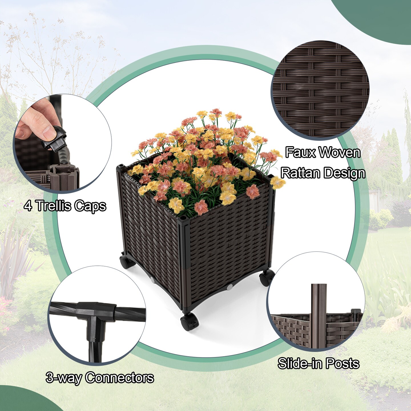 Garden Arch Trellis 6.6 Ft with 2 Planters and Rolling Lockable Wheels