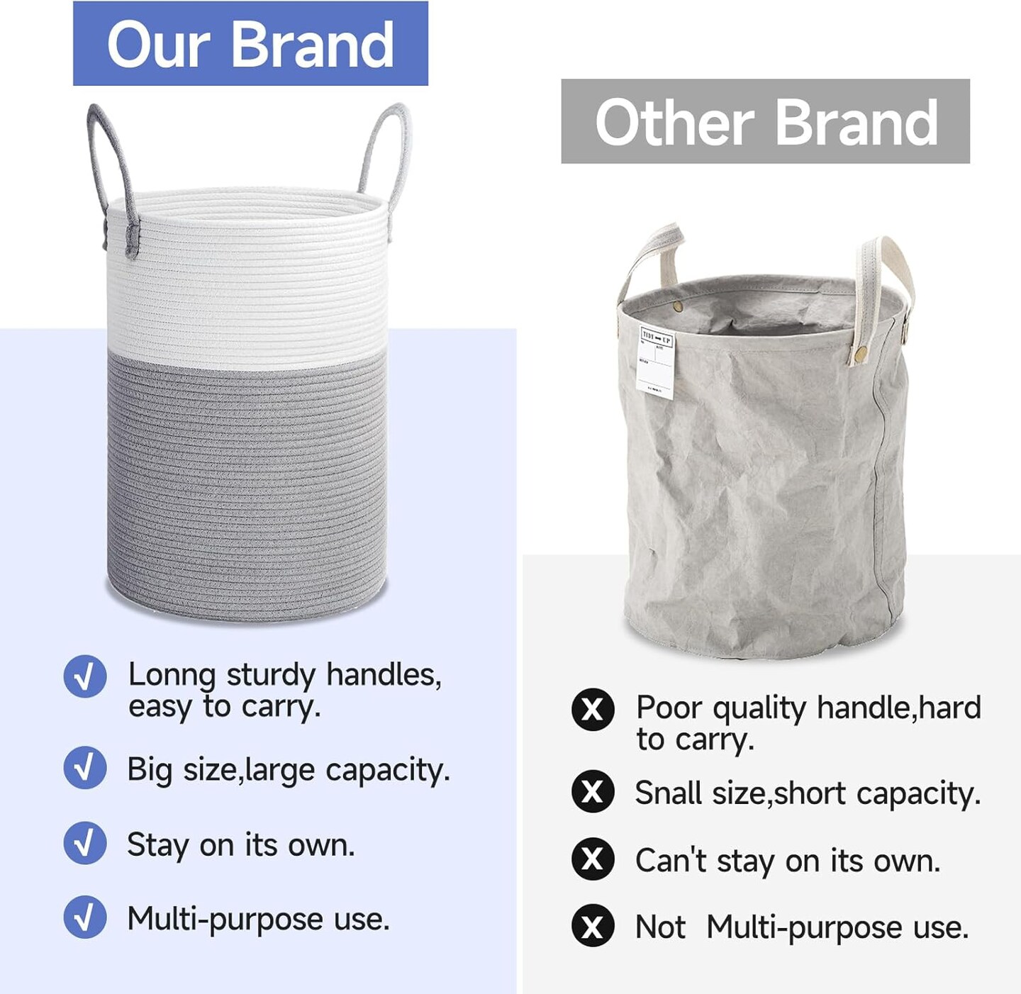 60L Laundry Hamper with Handles,Decorative Blanket Basket Tall Woven Rope Storage Basket for Dirty Clothes,Toys,Blankets in Living Room, Bathroom&#x26;Bedroom