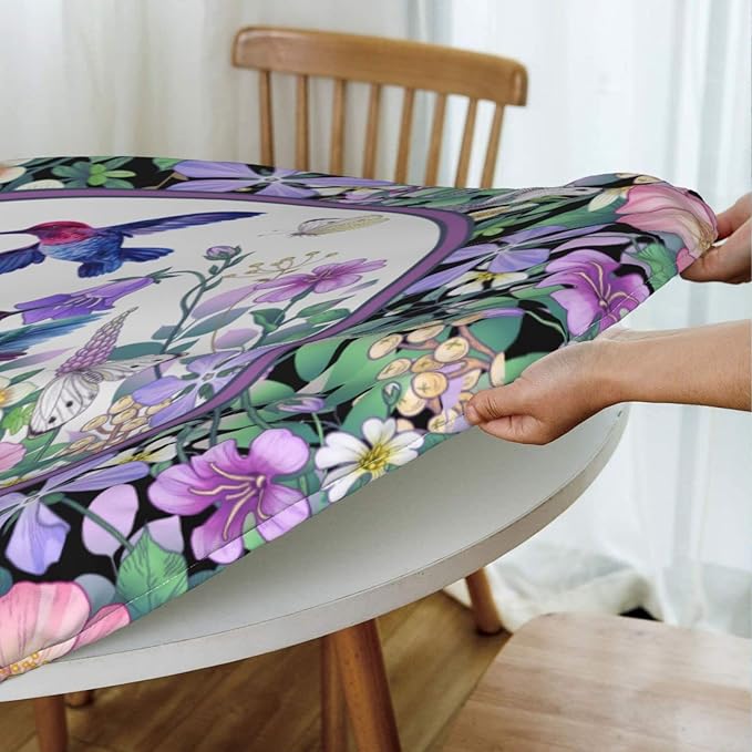Hummingbird Tablecloths Elastic Fitted Tablecloth Round Table Cover for Dining Party Indoor Outdoor 45-50 inch
