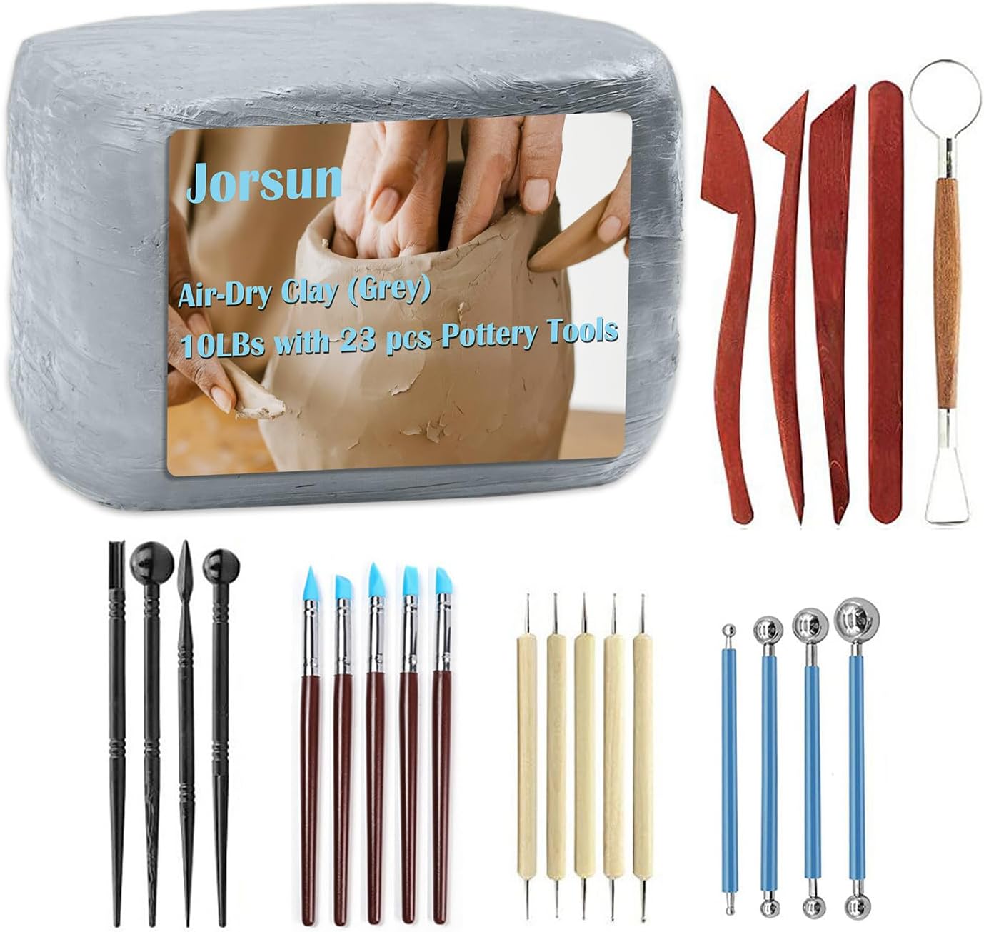 Natural Air-Dry Clay Natural, Non-Toxic All-Purpose Compound 10LBs with 23 Pcs Pottery Tools Clay Sculpting Tool Set, All-Purpose Modeling Clay (Grey &#x26; Tools)