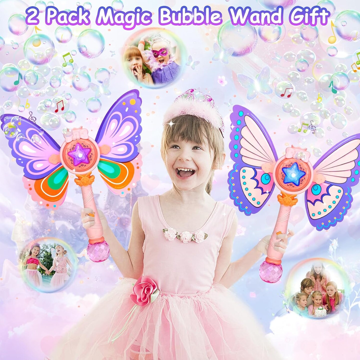 2 Pack Bubble Wand for Kids, Bubble Gun Machine Maker Blower Toys for 3 4 5 6 7 8 Kids Girls Boys Adults- Light Up Bubble Wand with Music for Princess Party Wedding Birthday Decorations