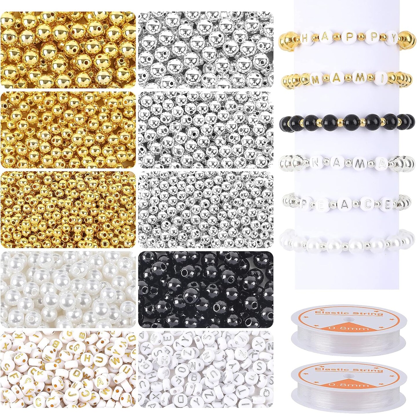 1800Pcs Jewelry Beads Making Set, Silver & Gold Round Spacer Beads 3 Sizes Smooth Alphabet Pearls Beads and 2 Rolls Elastic String for DIY Craft Supplies