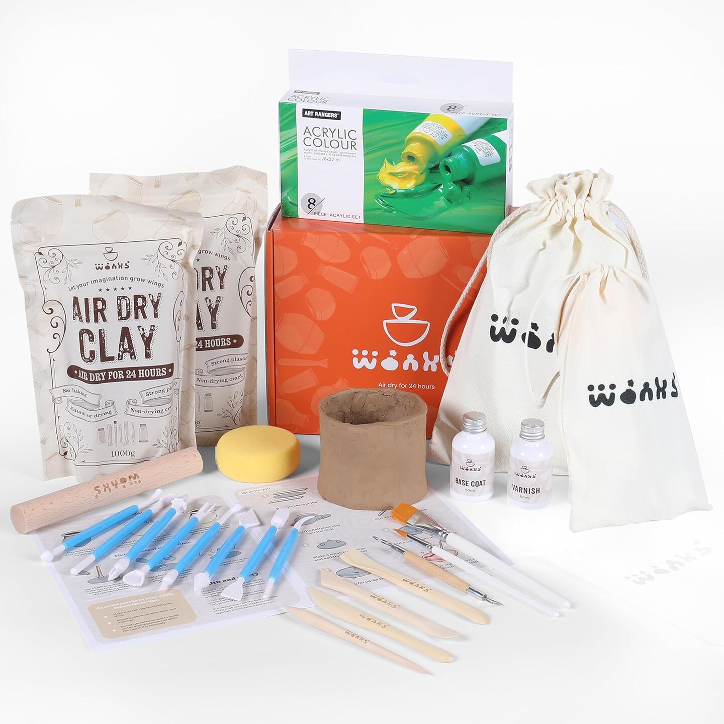 Air Dry Clay Pottery Kit for Adults &#x26; Kids - 30 Piece Kit - Acrylic Paint &#x26; Sculpting Tools Included - Carving Tools, Sponge &#x26; More - A Complete Beginners Pottery Set - 2KGs of Clay Included