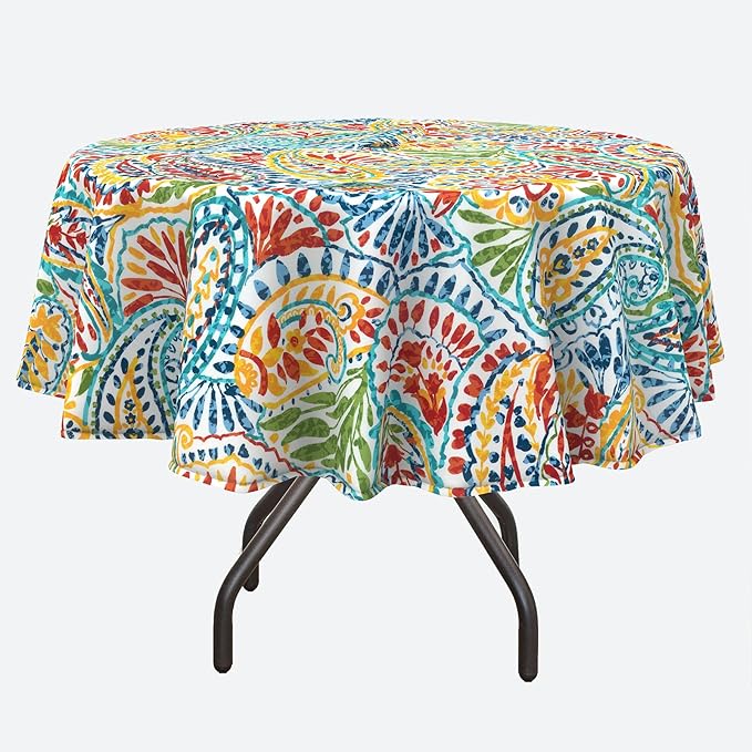 Round Outdoor Tablecloth with Umbrella Hole and Zipper 60 inch, Spring/Summer Floral Picnic Table Cover Waterproof Fabric for Patio Garden Picnic Party Table, Paisley Multi
