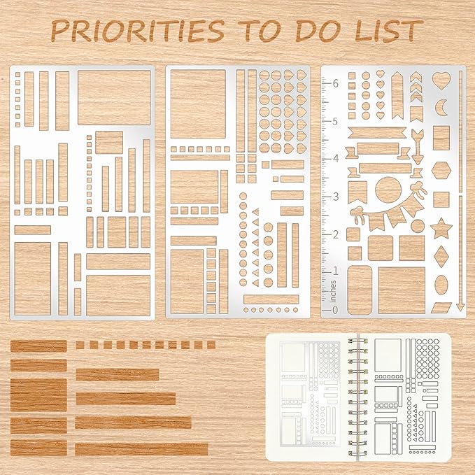 Metal Planner Stencil Journal Stencil Multi-Size Checklists Patterns Planner Ruler Templates Rustproof Metal Stencils for Journaling, Habits Tracking, Monthly Spread (Planner3)