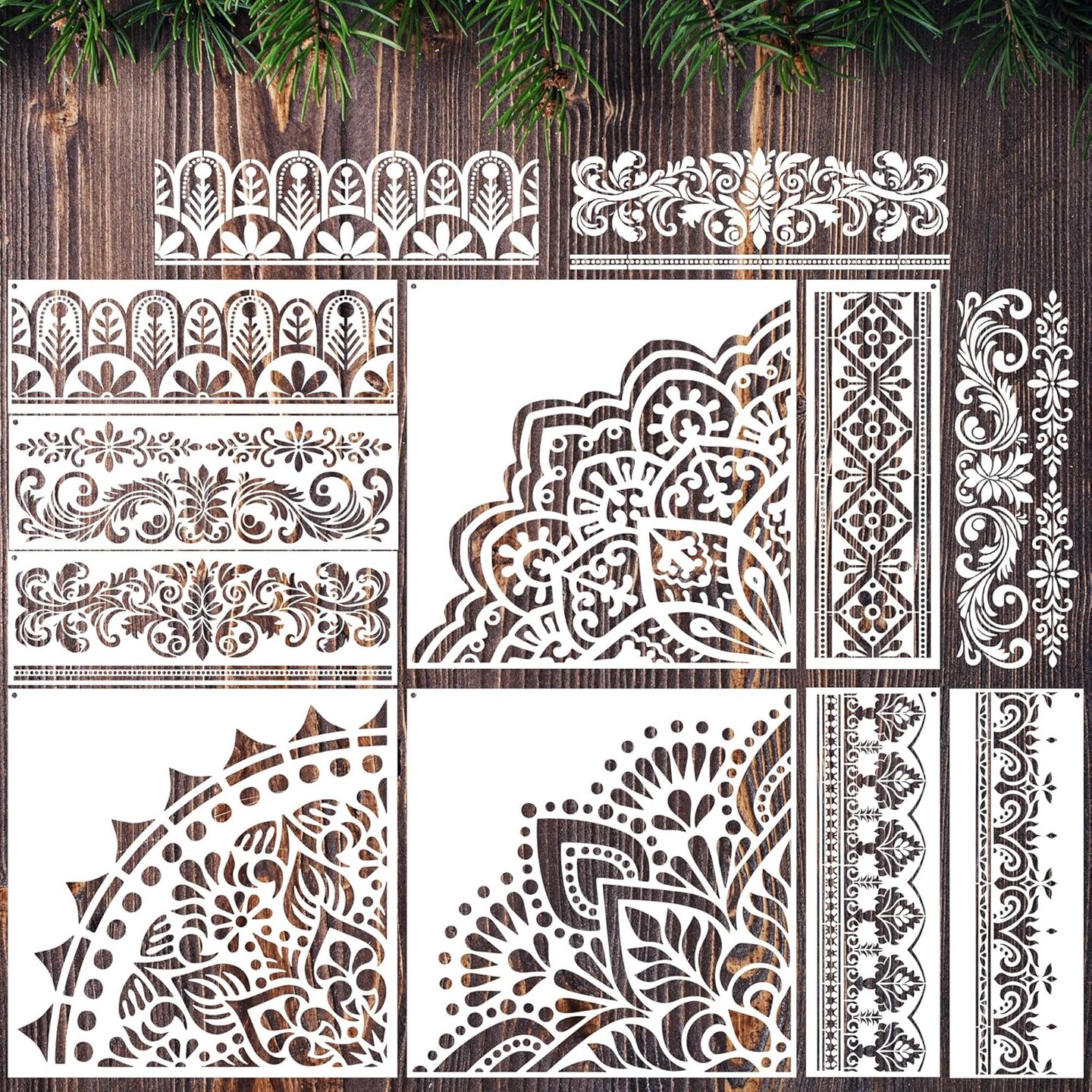 Mandala Stencils for Crafts Reusable - 9 Pcs Border Stencils for Wall Decor Large Mandala Pattern Template Home Decor Furniture Rug Table Painting