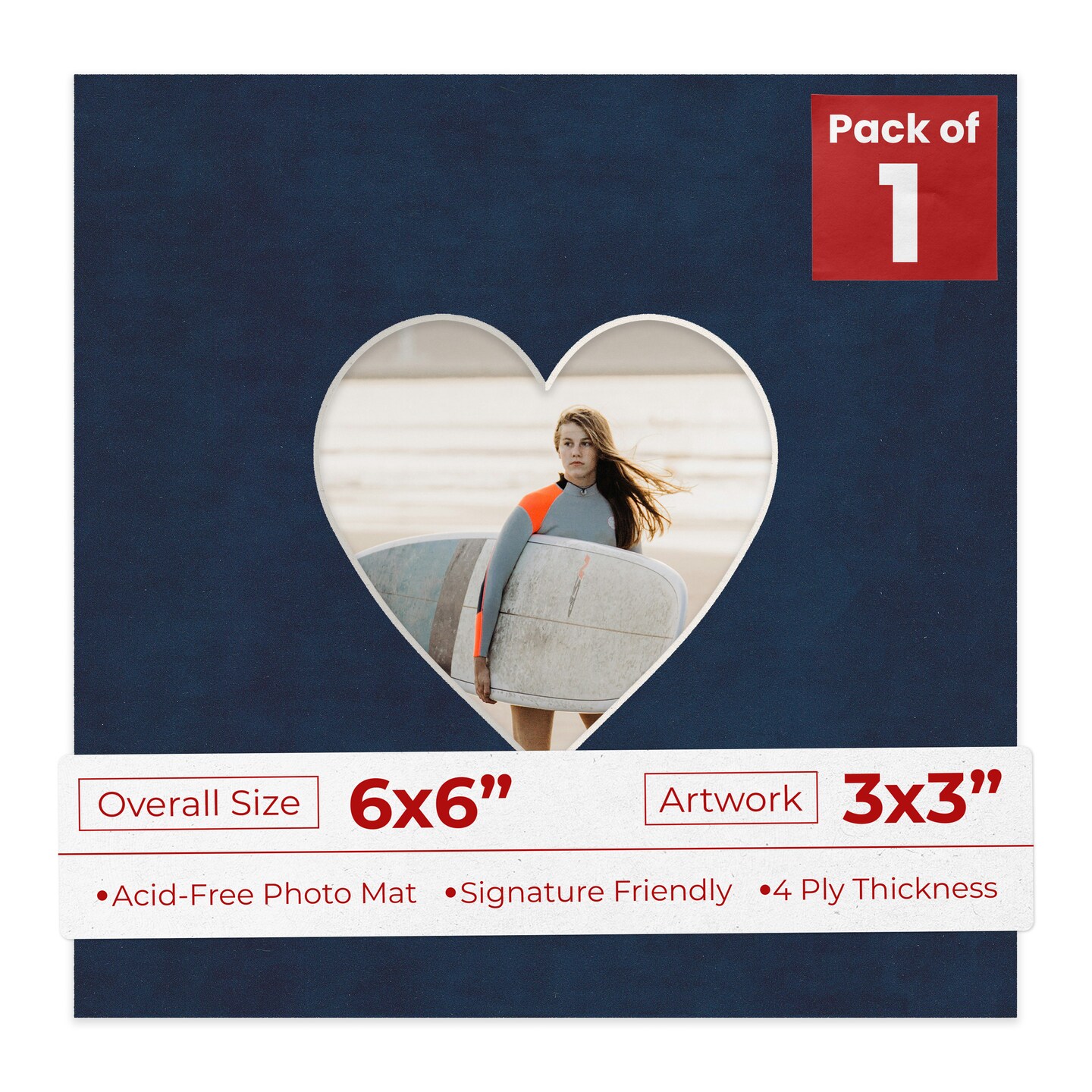 Navy Suede Mat Board for 6x6 Frames - Heart Opening for 3x3 Photos