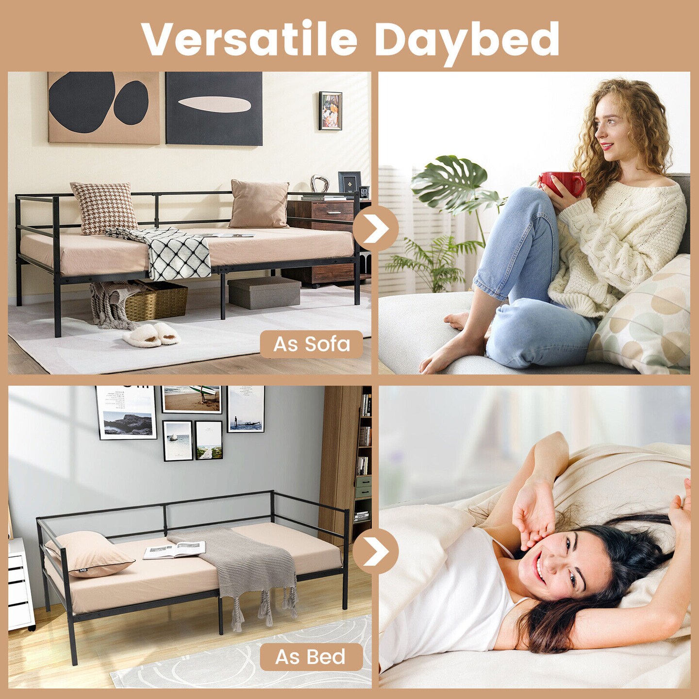 Metal Twin Daybed Frame with Guardrails, Slatted Platform and 660 lbs Capacity