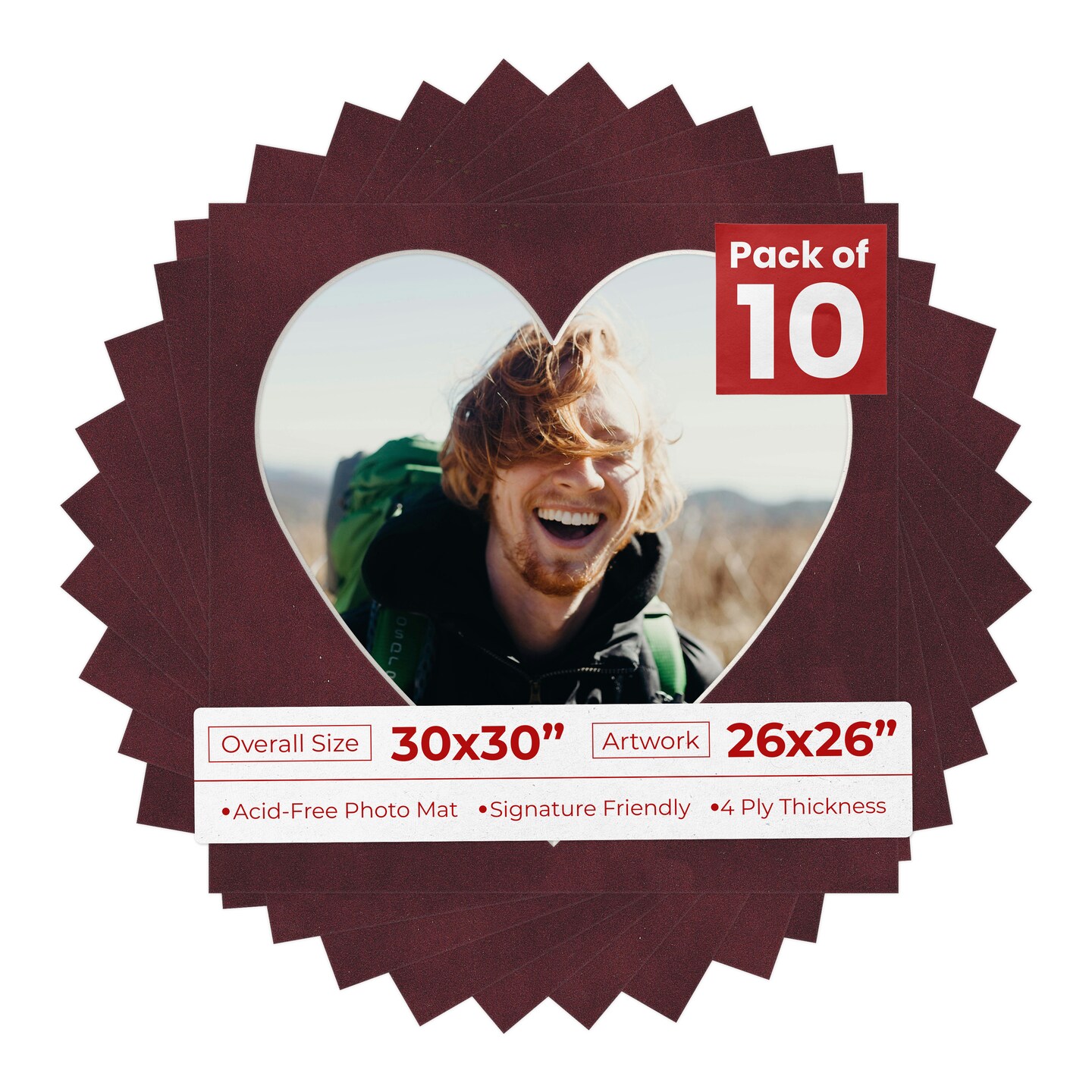 Dark Red Suede Mat Board for 30x30 Frames - Heart Opening for 26x26 Photos