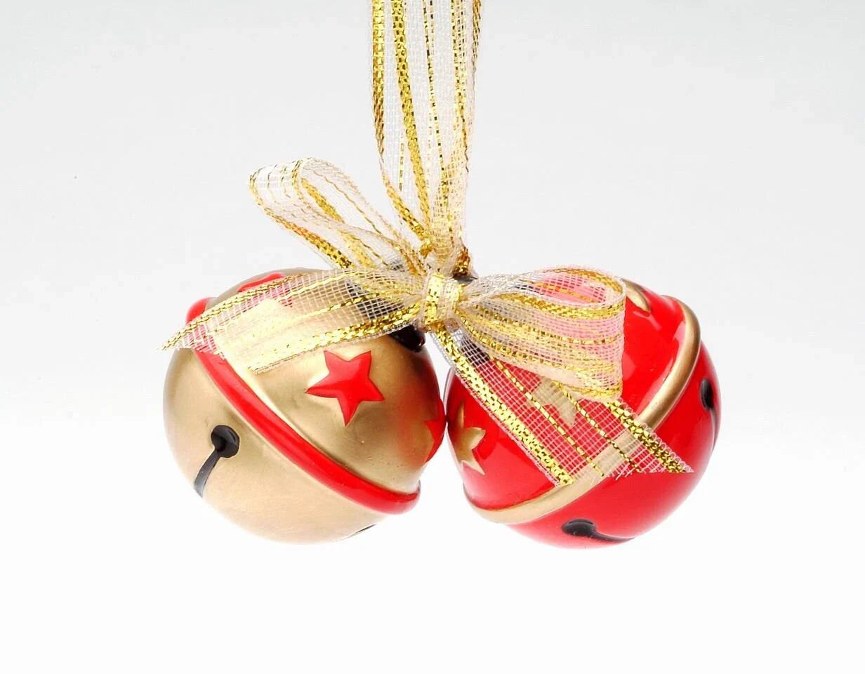 Ceramic Red and Gold Christmas Tree Ornament Bells with Gold Ribbon, Christmas Decor