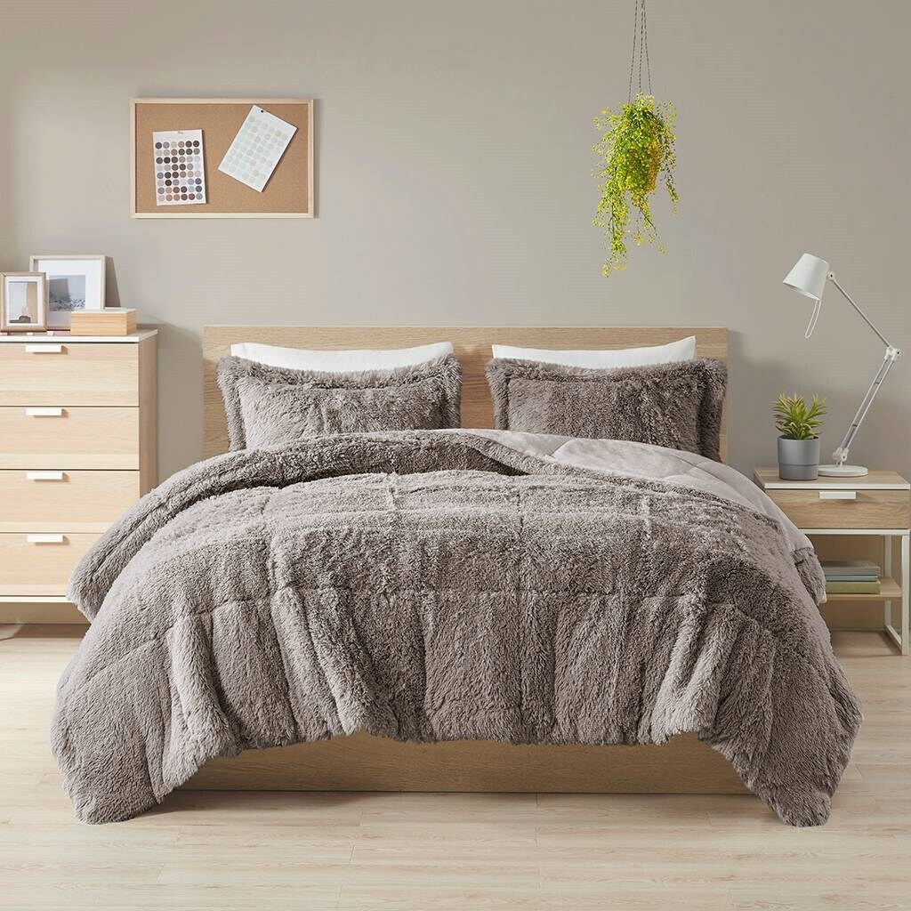 Grey Soft Sherpa Faux Fur 3-Piece Comforter Set with Pillow Shams
