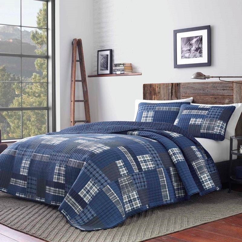 100-Percent Cotton Reversible 3 Piece Blue Patchwork Quilt Set
