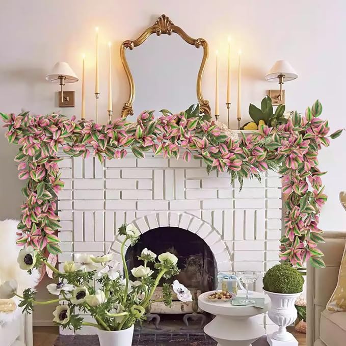 2pc 5.6FT Artificial Pink Tradescantia Zebrina Garland - Realistic Faux Wandering Jew Hanging Vines - UV Resistant Silk Greenery for Boho Wedding, Jungle Room Decor, Mantle & Staircase