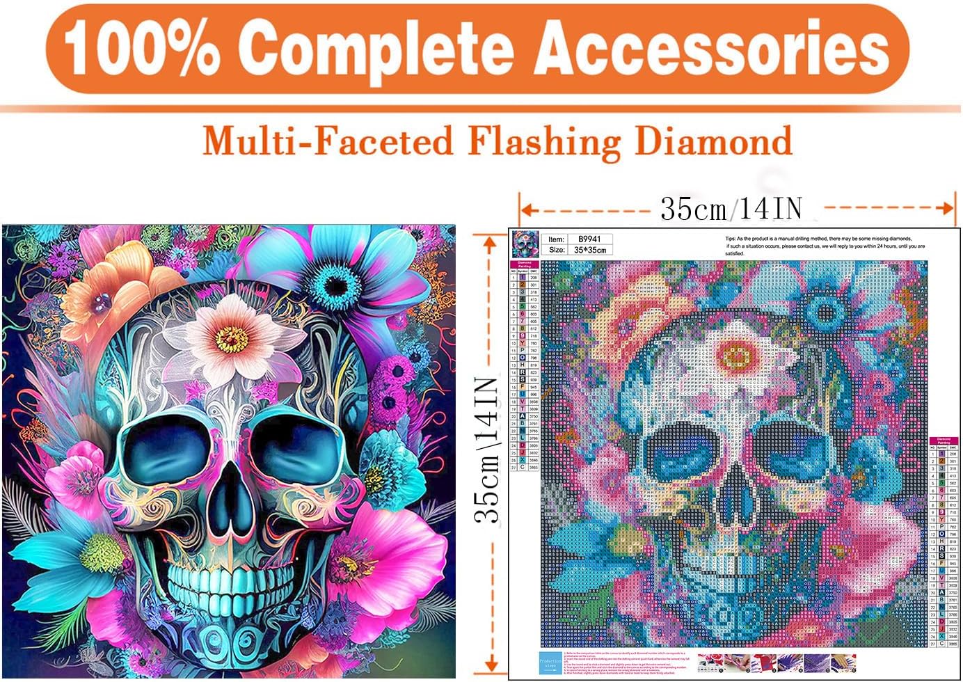 Skull Flower Diamond Painting Kits for Adults, Sugar Skull Diamond Art Kit Beginners DIY 5D Full Drill Round Skeleton Diamond Painting Gem Art for Home Wall Decor Gift 13.78 X 13.78 Inch