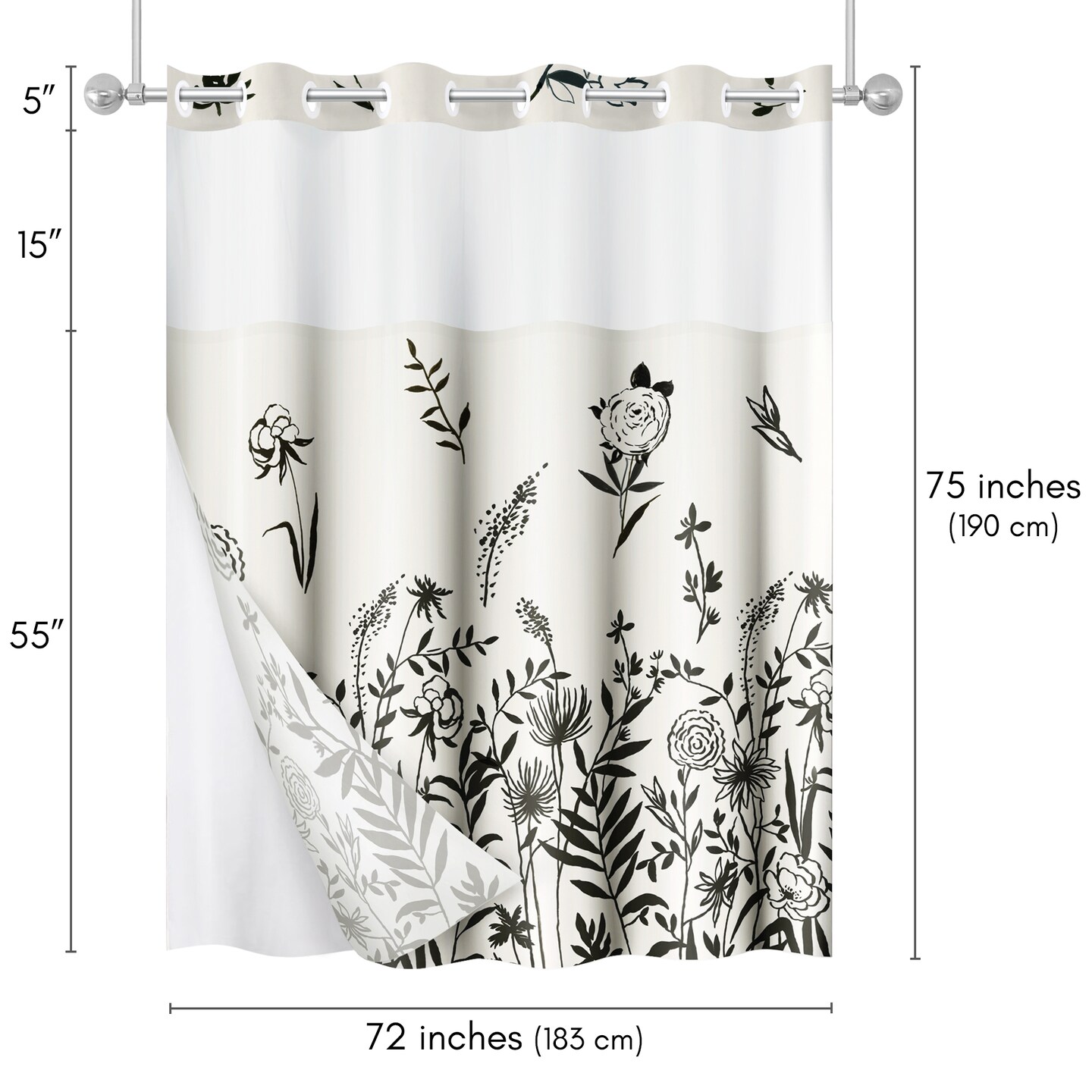 Americanflat 72x75 Hookless Shower Curtain - Floral Cream and Black Shower Curtain with Sheer Panel, Snap-In Liner, and Grommets - 100% Polyester