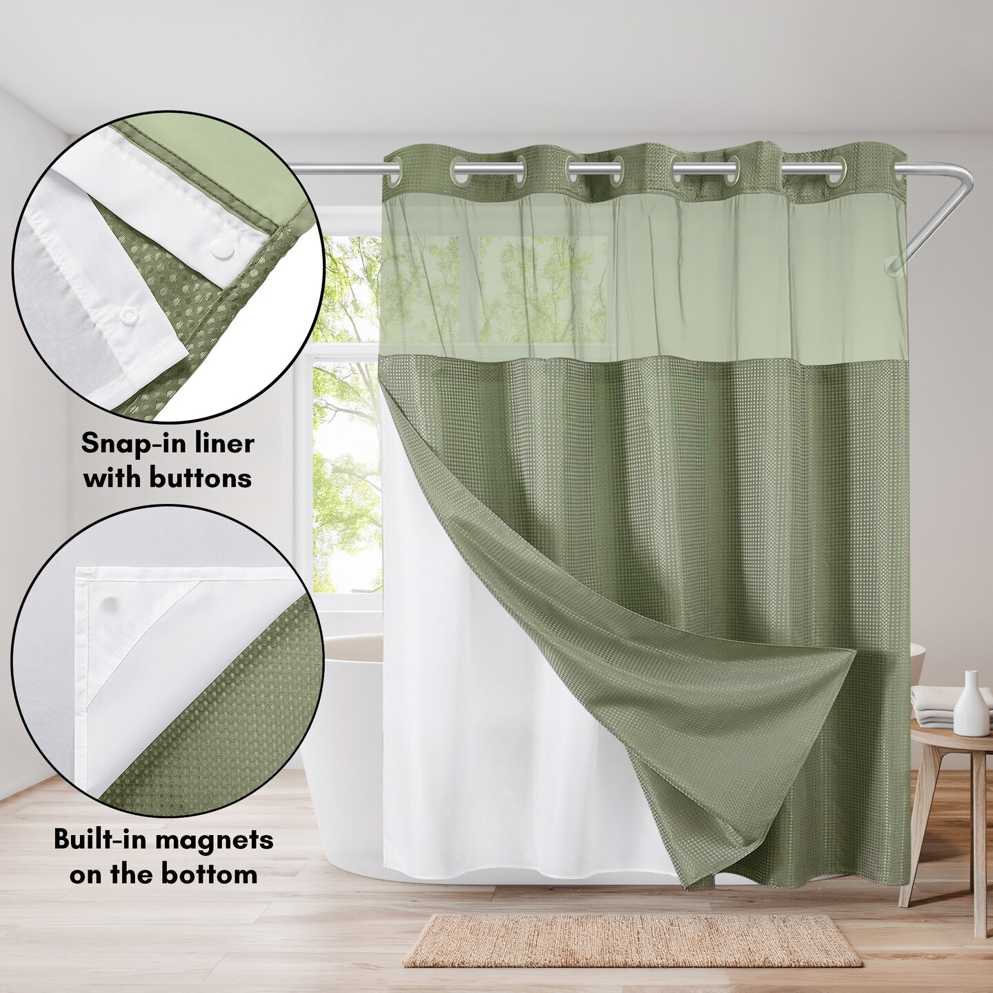 Americanflat 72x75 Hookless Waffle Pattern Shower Curtain - Water-Resistant Long Shower Curtain with Sheer Panel, Snap-In Liner, and Grommets