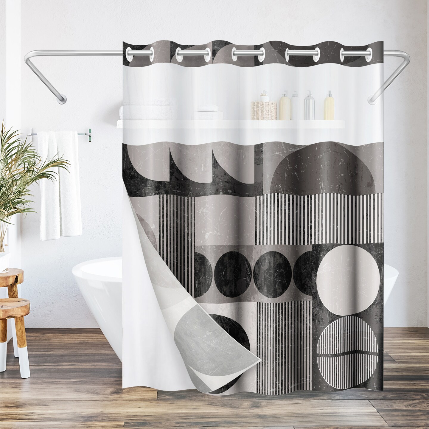 Americanflat 72x75 Hookless Shower Curtain - Abstract Shower Black Grey Curtain with Sheer Panel, Snap-In Liner, and Grommets