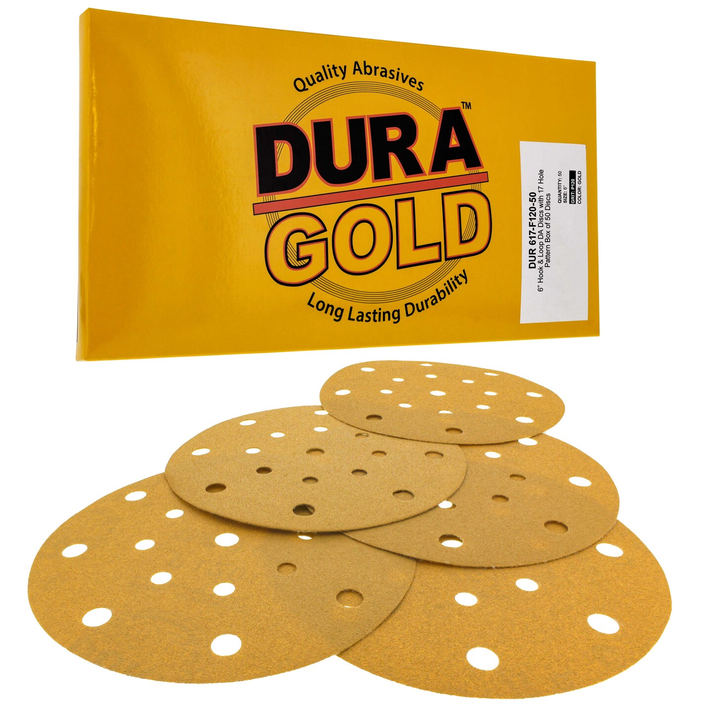 120 Grit - 6&#x22; Gold Sanding Discs - 17-Hole Pattern Hook and Loop for DA Sander - Box of 50