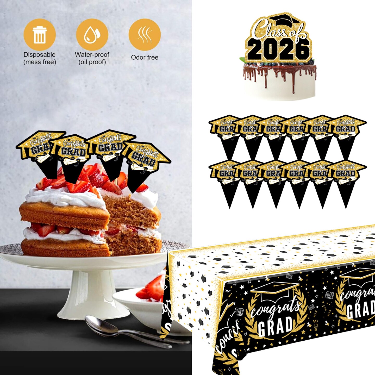 Black and Gold Graduation Decorations 2026 Class of 2026 Decorations - Includes 32 Inch Gold 2026 Balloons, Congrats Grad Banner, Tablecloth, Sash, Centerpieces - College High School Party Supplies