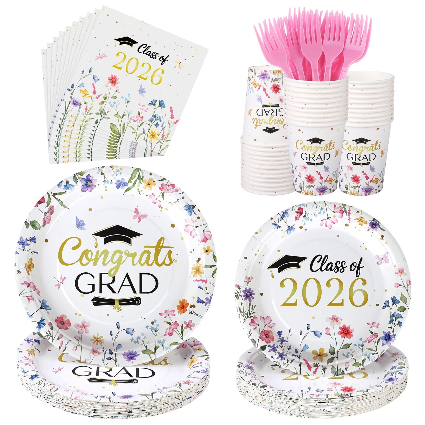 144 Pieces Class of 2026 Graduation Party Supplies, Congrats Grad Tableware Sets Including Disposable Paper Plates Napkins Cups Forks Serves 24 for Floral Graduation Party Decorations