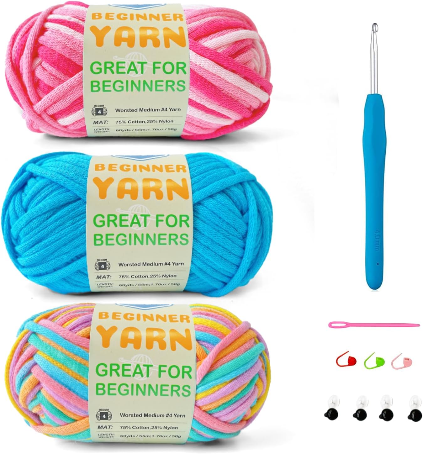 3-Pack Cotton-Nylon Beginner Yarn for Crocheting & Knitting – Worsted Medium #4, 3 × 50g / 1.76oz, 60yds Each – Easy-to-See Stitches, Amigurumi-Friendly Crochet Kit (Petal, Blue, Merry Pink)