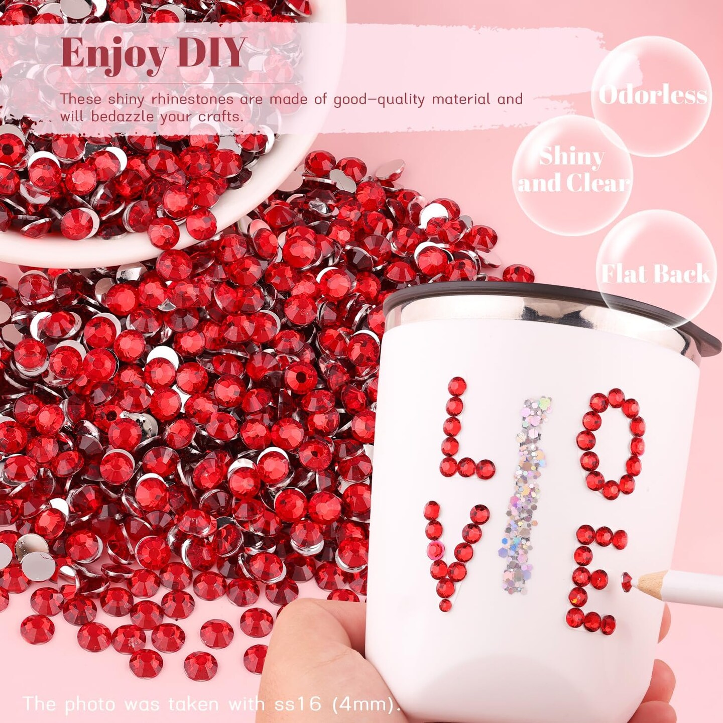 8000PCS 3mm Flatback Resin Rhinestones with Tweezers and Pen (Red)