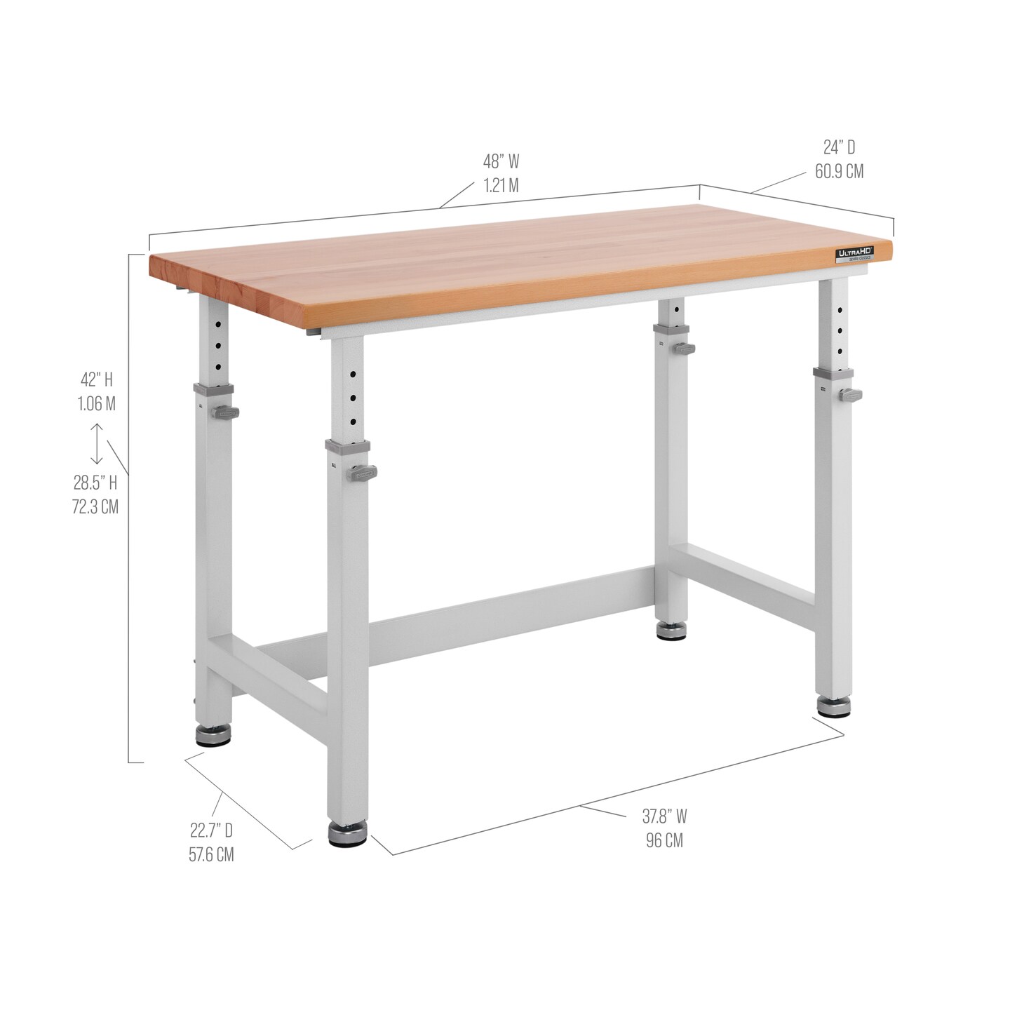 Seville Classics UltraHD Height Adjustable Workbench, 48" W x 24" D x 28.5" to 42" H