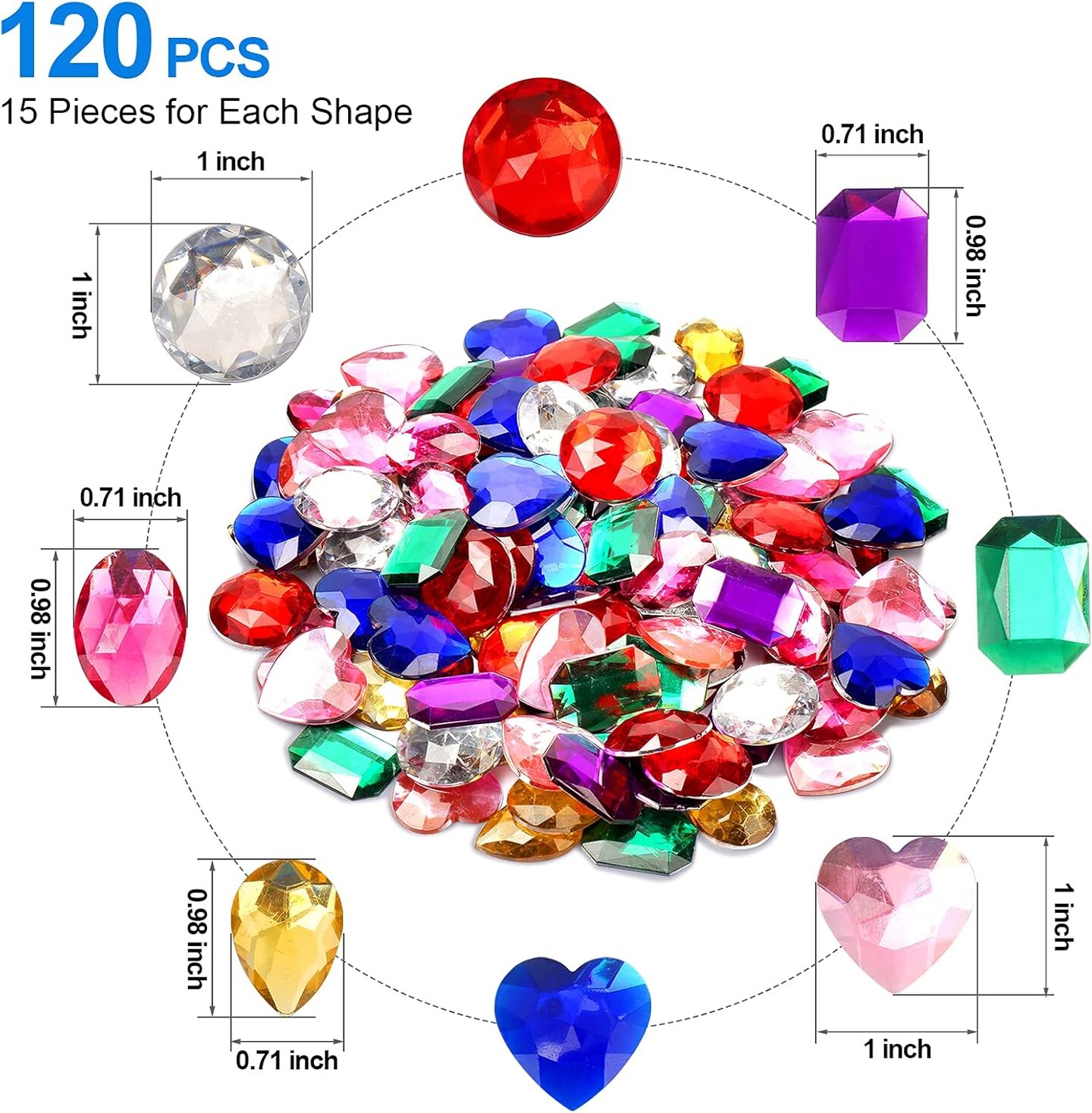 1" Assorted Flat Back Heart Shaped Rhinestones - Multicolored (120PCS)