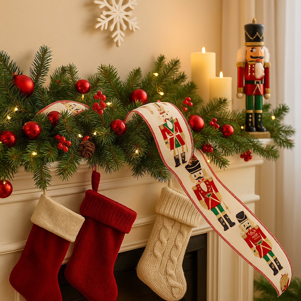 Designer&#x27;s Shop WR 63-5222 2.5&#x201D; x 10 yard Holiday Nutcracker with gold glitter wired edge ribbon