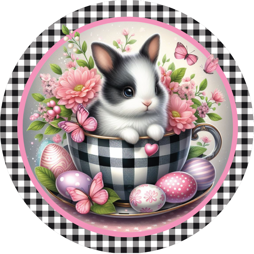 Black Check Easter Spring Bunny Teacup Sign