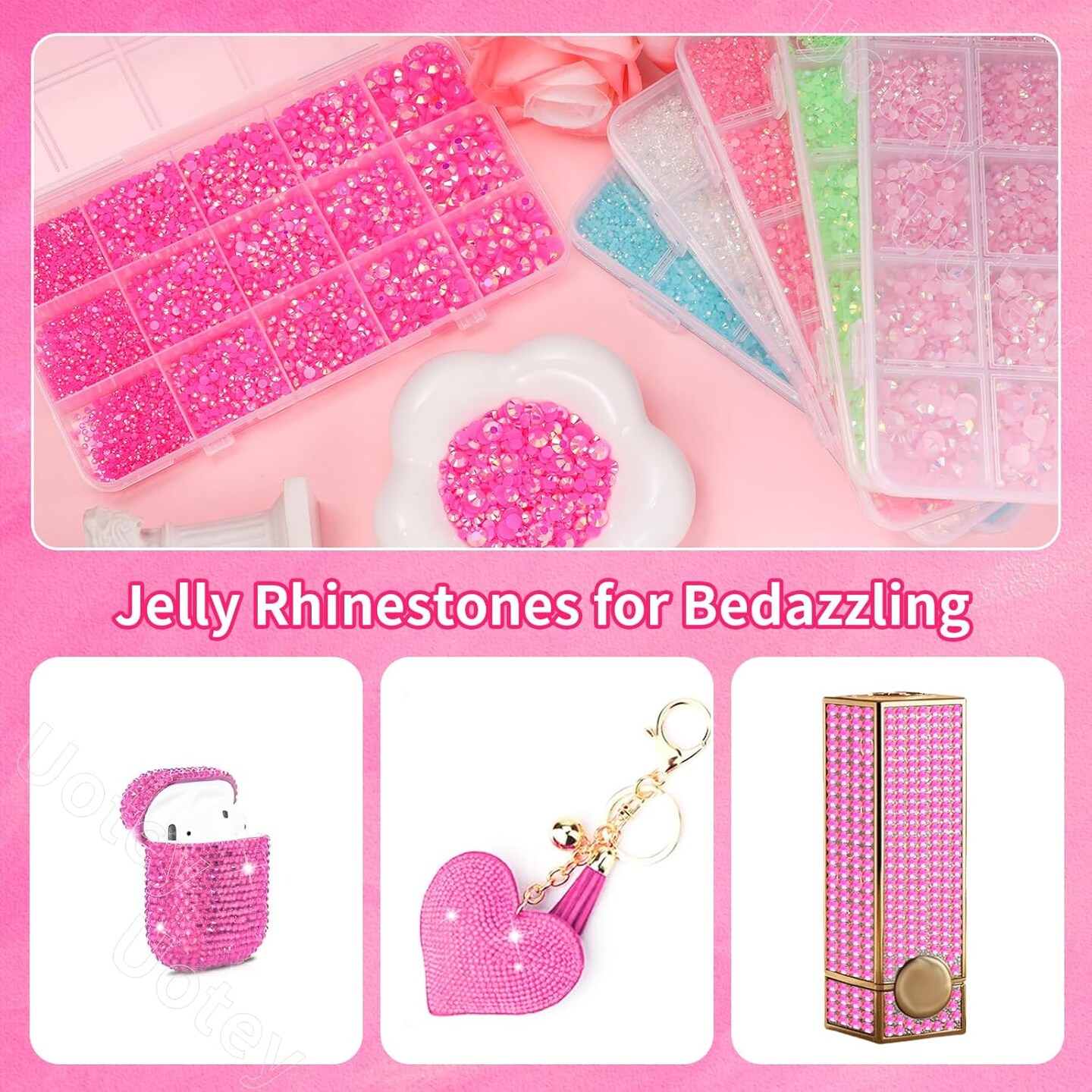 16000 Pcs Flat Back Resin Rhinestones with Pickup Tool - Hot Pink (Mixed Sizes)