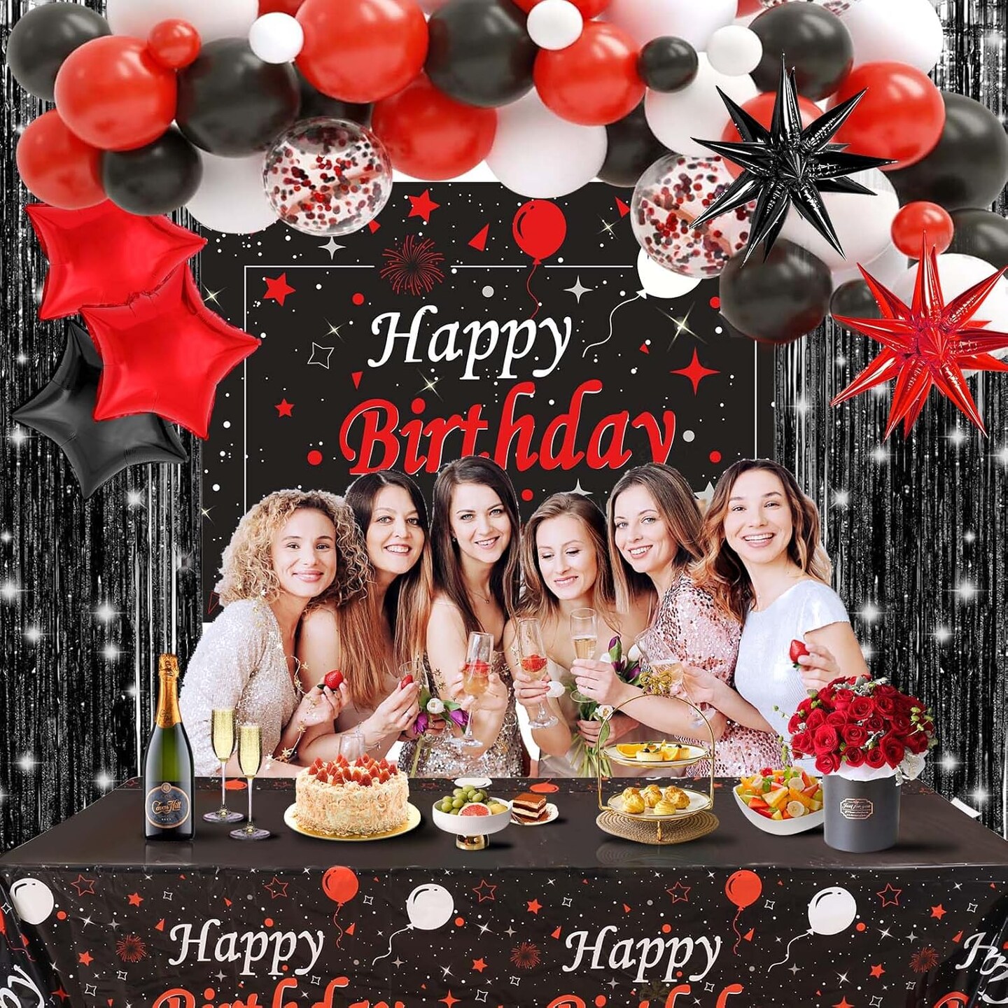 77PCS Red and Black Birthday Decorations for Women Men, Happy Birthday Banner Tablecloth Background Party Supplies, Confetti Star Red Black White Balloons Arch Kit Party Decorations