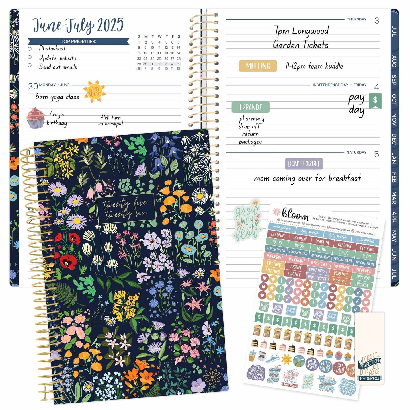 bloom daily planners 2025-26 Academic Planner, Soft Cover, 5.5&#x22; x 8.25&#x22;, Garden Party, Navy