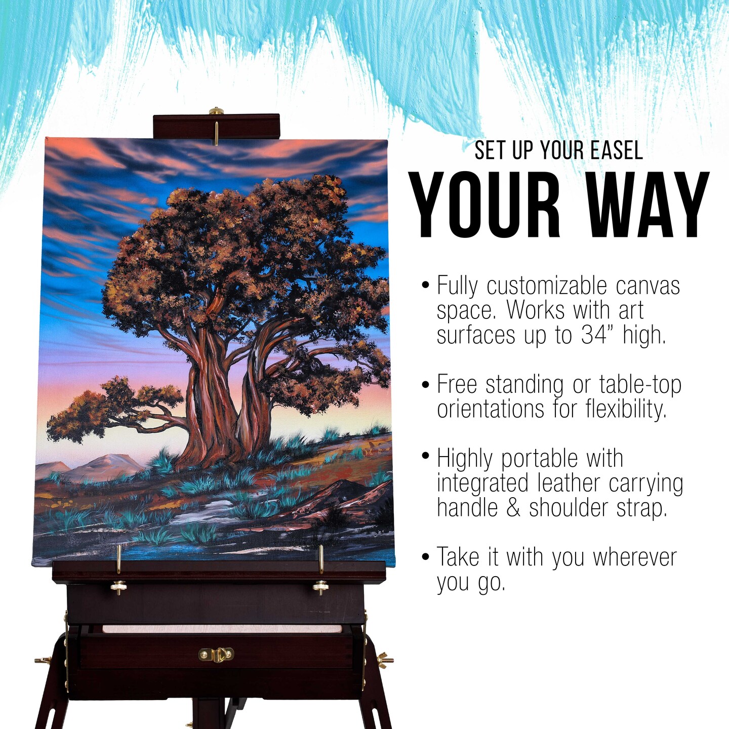 Coronado Black Cherry Easel, Large Adjustable Wooden French Style Field &#x26; Studio Sketchbox Tripod Easel Drawer, Artist Wood Palette, Premium Beechwood