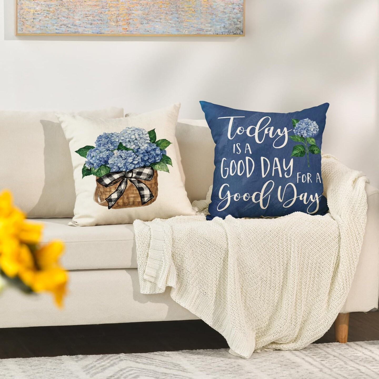 Blue Hydrangea Spring Summer Throw Pillow Covers, 18 x 18 Inch Today is A Good Day Dark Blue Cushion Case Decoration for Sofa Couch Set of 4